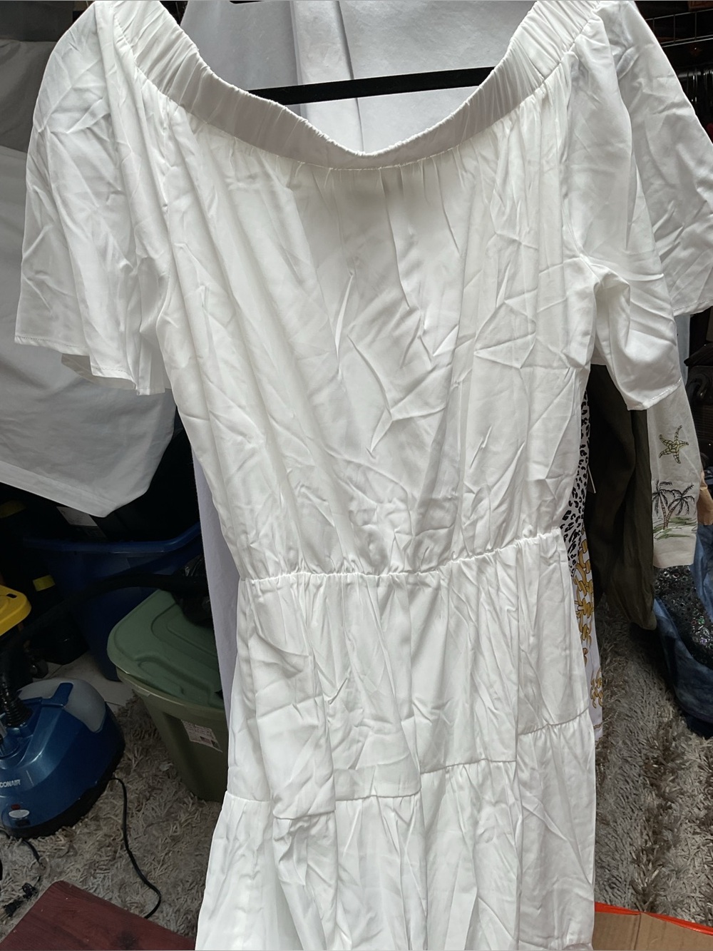 Live love Elegant White Off-Shoulder Tiered Midi Dress